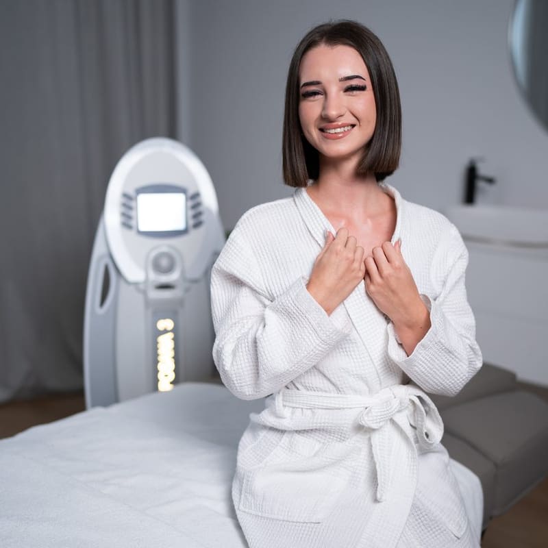 Lächelnde Kundin im Bademantel neben dem LIPOSANA3® System